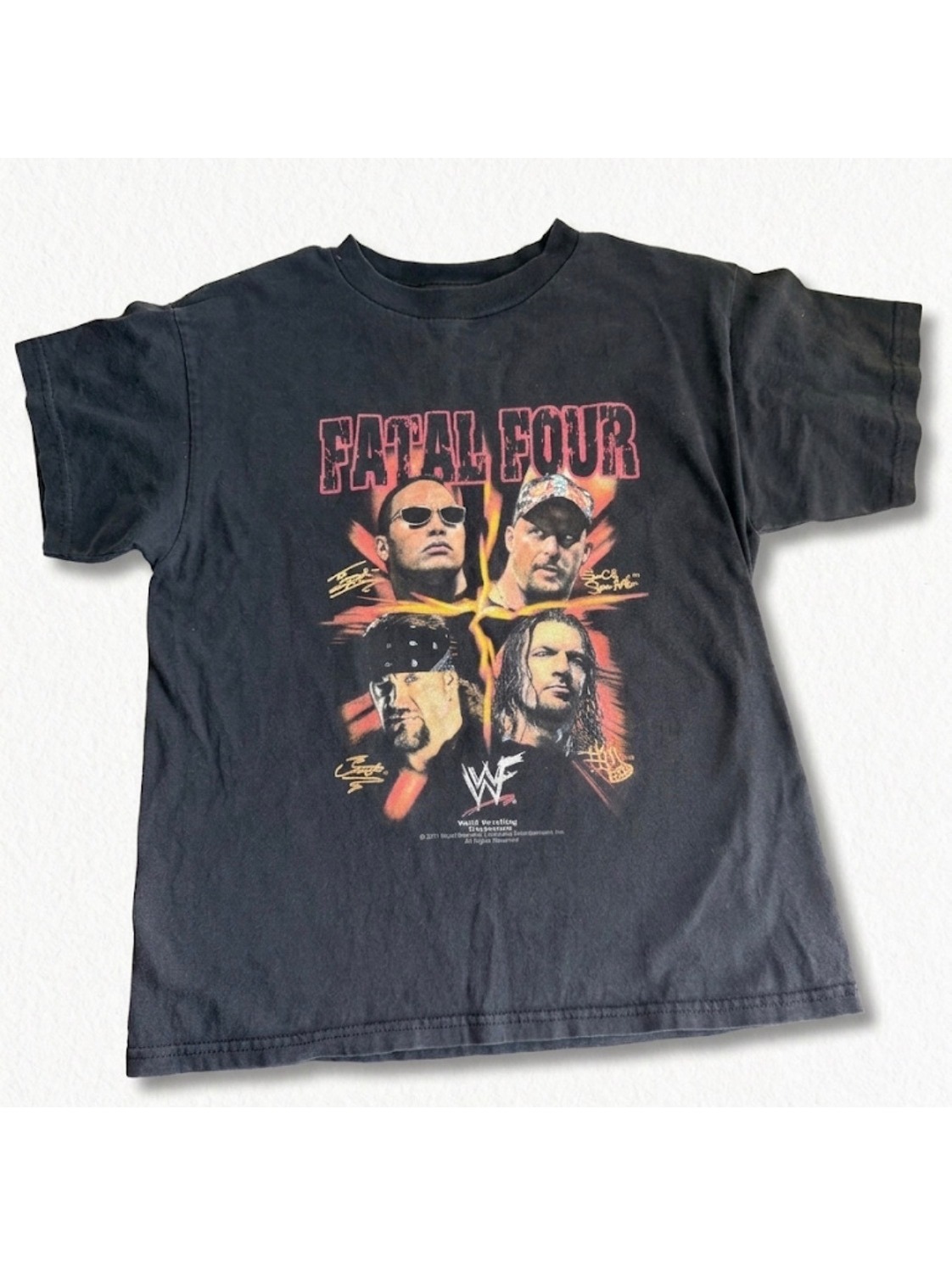 Y2k Wwf Catch The Heat Graphic Tee Size L 14/16 Stone Cold Undertaker Triple H